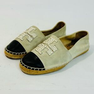 Tory Burch Pearl Logo Flat Espadrille in Black Nappa Leather and Beige Suede 6.5